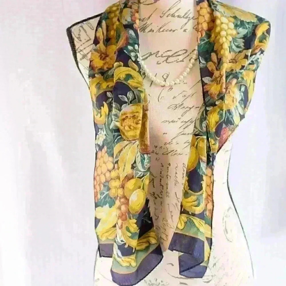 ECHO 100% Silk scarf Blue with Fruit 50" x 10" - Picture 1 of 9